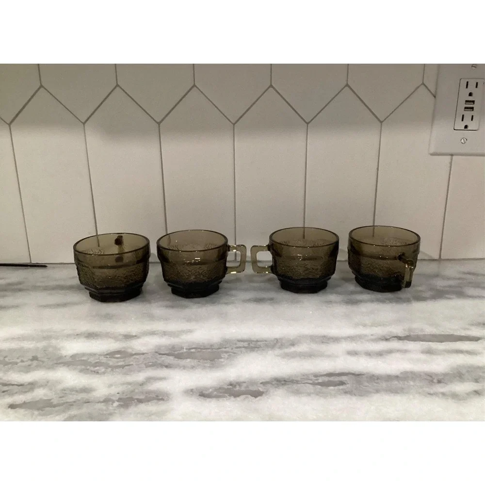 Vintage Anchor Hocking‎ Brown Octagon Textured Cups Set of 4